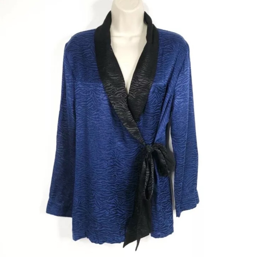 Victorias Secret Womens Pajama Top / Robe XS Blue Black Satin Wrap Long Sleeve